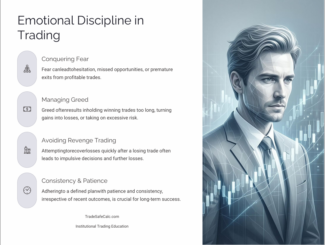 Trader maintaining emotional discipline while analyzing market charts calmly and objectively by TradeSafeCalc